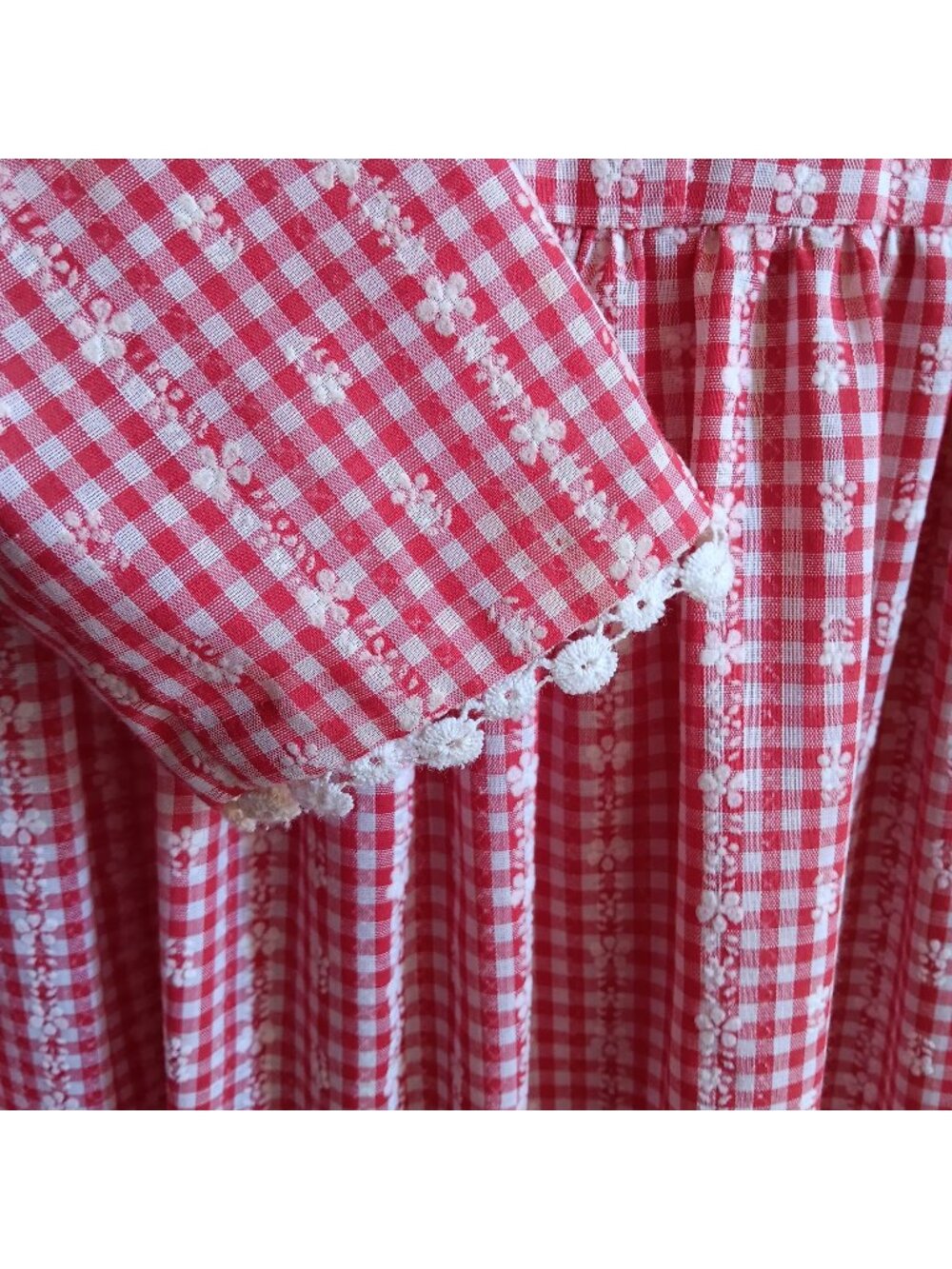 True Vintage Dress XS Gingham 1OF1 Prairie Farm Lace Maxi Handmade 1970's Hippy